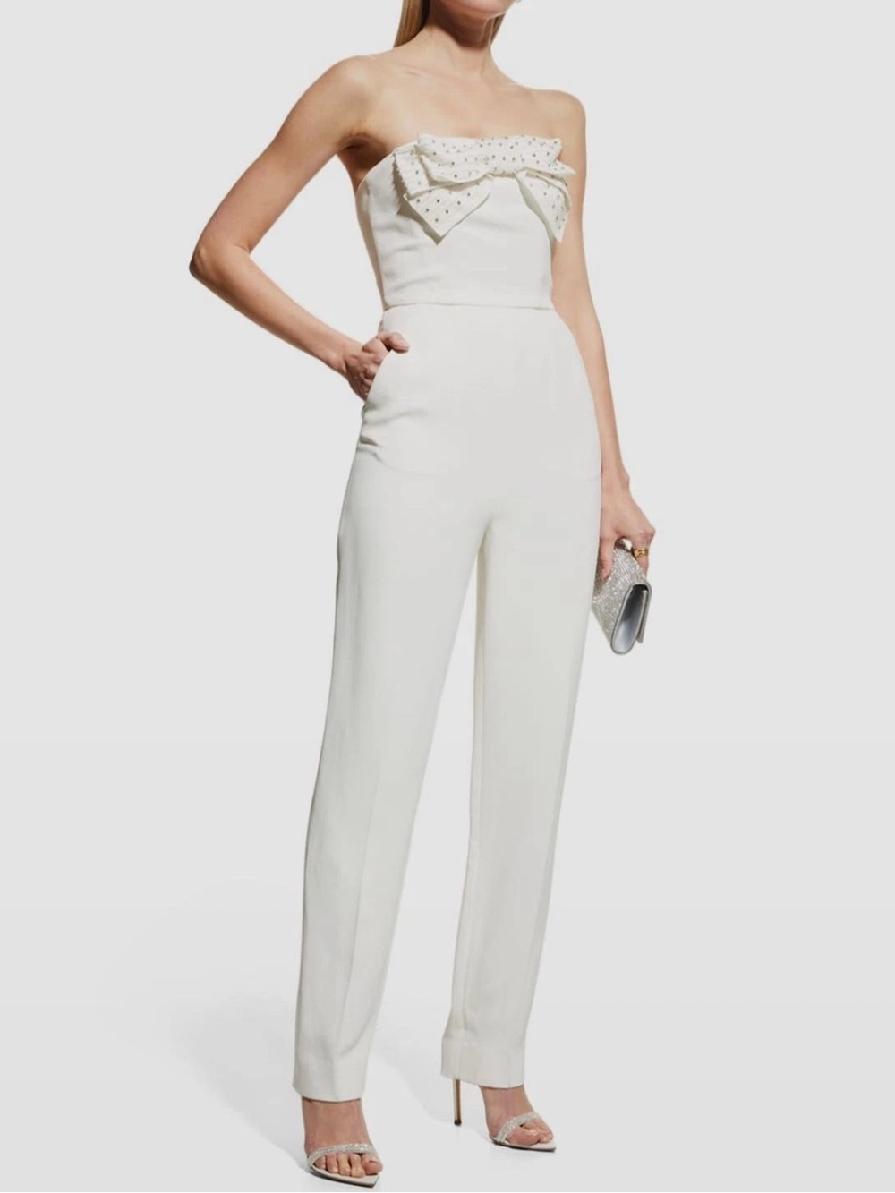 NWT SALONI Sabine Embellished Bow Cady Jumpsuit In Ivory US:0